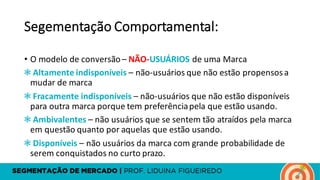 Segementação Comportamental:
• O	modelo de	conversão – NÃO-USUÁRIOS de	uma Marca
❃ Altamente indisponíveis – não-usuários que	não estão propensosa	
mudar de	marca
❃ Fracamente indisponíveis – não-usuários que	não estão disponíveis
para	outra marca porque tem	preferênciapela	que	estão usando.
❃ Ambivalentes – não usuários que	se	sentem tão atraídos pela	marca
em questão quanto por aquelas que	estão usando.
❃ Disponíveis – não usuários da	marca com	grande probabilidade de	
serem conquistados no	curto prazo.
 