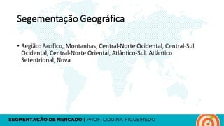Segementação Geográfica
• Região:	Pacífico,	Montanhas,	Central-Norte	Ocidental,	Central-Sul
Ocidental,	Central-Norte	Oriental,	Atlântico-Sul,	Atlântico
Setentrional,	Nova	
 