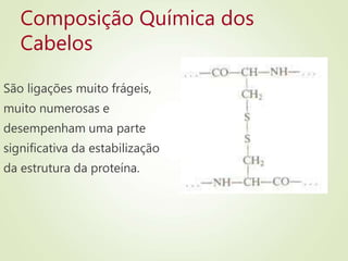Composição Química dos
Cabelos
São ligações muito frágeis,
muito numerosas e
desempenham uma parte
significativa da estabilização
da estrutura da proteína.
 