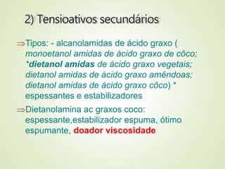 2) Tensioativos secundários
Tipos: - alcanolamidas de ácido graxo (
monoetanol amidas de ácido graxo de côco;
*dietanol amidas de ácido graxo vegetais;
dietanol amidas de ácido graxo amêndoas;
dietanol amidas de ácido graxo côco) *
espessantes e estabilizadores
Dietanolamina ac graxos coco:
espessante,estabilizador espuma, ótimo
espumante, doador viscosidade
 