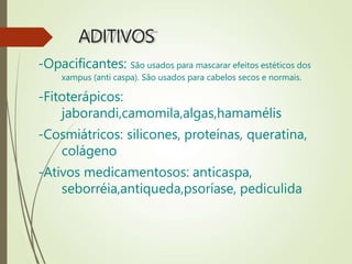 ADITIVOS
-Opacificantes: São usados para mascarar efeitos estéticos dos
xampus (anti caspa). São usados para cabelos secos e normais.
-Fitoterápicos:
jaborandi,camomila,algas,hamamélis
-Cosmiátricos: silicones, proteínas, queratina,
colágeno
-Ativos medicamentosos: anticaspa,
seborréia,antiqueda,psoríase, pediculida
 