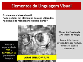 Elementos Estruturais
(Arte e Teoria do Design)
Ponto, linha, forma,
direção, tom, cor, textura,
dimensão, escala e
movimento.
Existe uma sintaxe visual?
Pode-se falar em elementos básicos utilizados
na criação de mensagens visuais claras?
Elementos da Linguagem Visual
Ampliar a
capacidade de
VER e
EXPRESSAR-SE
por meio de
imagens ALFABETISMO VISUAL
 