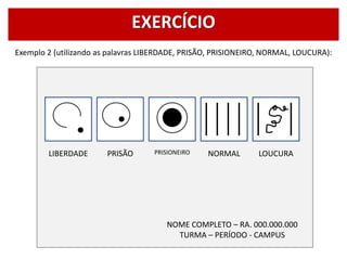 Exemplo 2 (utilizando as palavras LIBERDADE, PRISÃO, PRISIONEIRO, NORMAL, LOUCURA):
EXERCÍCIO
LIBERDADE PRISÃO PRISIONEIRO NORMAL LOUCURA
NOME COMPLETO – RA. 000.000.000
TURMA – PERÍODO - CAMPUS
 