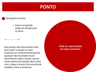 Dois pontos são instrumentos úteis
para medir o espaço no meio
ambiente ou no desenvolvimento de
qualquer tipo de projeto visual.
Aprendemos cedo a utilizar o ponto
como sistema de notação ideal, junto
com a régua e outros instrumentos de
medição, como o compasso.
PONTO
Sinal gráfico mínimo.
Pode ser representado
em vários tamanhos.
Exerce um grande
poder de atração para
os olhos.
 
