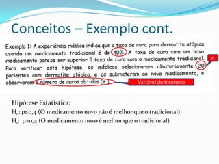 Conceitos – Exemplo cont.
                                                                     n



                                             Variável de interesse


Hipótese Estatística:
H0: p≤0,4 (O medicamento novo não é melhor que o tradicional)
H1: p>0,4 (O medicamento novo é melhor que o tradicional)
 