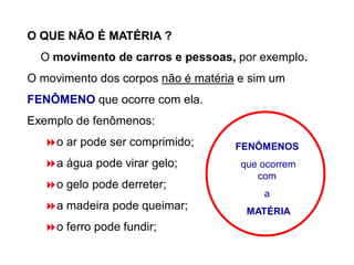 O QUE NÃO É MATÉRIA ?
O movimento de carros e pessoas, por exemplo.
O movimento dos corpos não é matéria e sim um
FENÔMENO que ocorre com ela.
Exemplo de fenômenos:
o ar pode ser comprimido;
a água pode virar gelo;
o gelo pode derreter;
a madeira pode queimar;
o ferro pode fundir;
FENÔMENOS
que ocorrem
com
a
MATÉRIA
 