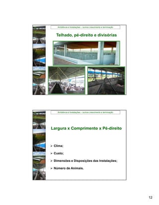 Ambiência e Instalações – suínos crescimento e terminação



   Telhado, pé-direito e divisórias




    Ambiência e Instalações – suínos crescimento e terminação




Largura x Comprimento x Pé-direito



 Clima;

 Custo;

 Dimensões e Disposições das Instalações;

 Número de Animais.




                                                                12
 