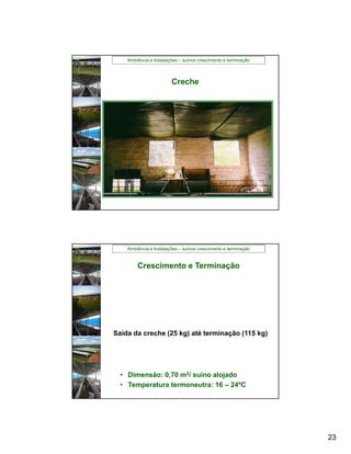 Ambiência e Instalações – suínos crescimento e terminação



                        Creche




    Ambiência e Instalações – suínos crescimento e terminação


        Crescimento e Terminação




Saída da creche (25 kg) até terminação (115 kg)




  • Dimensão: 0,70 m2/ suíno alojado
  • Temperatura termoneutra: 16 – 24ºC




                                                                23
 