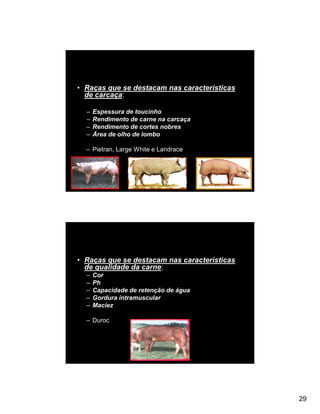 • Raças que se destacam nas características
  de carcaça:

  –   Espessura de toucinho
  –   Rendimento de carne na carcaça
  –   Rendimento de cortes nobres
  –   Área de olho de lombo

  – Pietran, Large White e Landrace




• Raças que se destacam nas características
  de qualidade da carne:
  –   Cor
  –   Ph
  –   Capacidade de retenção de água
  –   Gordura intramuscular
  –   Maciez

  – Duroc




                                              29
 