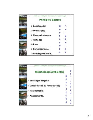 Ambiência e Instalações – suínos crescimento e terminação


               Princípios Básicos

    Localização;                                 M         P
                                                  O         R
    Orientação;
                                                  D         I
    Circunvizinhança;                            F         M

    Telhado;                                     C         Á
                                                  Ç         R
    Piso
                                                  Õ         I
    Sombreamento;                                E         A
                                                  S         S
    Ventilação natural.




      Ambiência e Instalações – suínos crescimento e terminação



                                                                    S
        Modificações Ambientais
                                                                    E
                                                                M
                                                                    C
                                                                O
 Ventilação forçada;                                               U
                                                                D
                                                                    N
 Umidificação ou nebulização;                                  F
                                                                    D
                                                                C
 Resfriamento;                                                     Á
                                                                Ç
                                                                    R
 Aquecimento.                                                  Õ
                                                                    I
                                                                E
                                                                    A
                                                                S
                                                                    S




                                                                        5
 