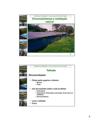 Ambiência e Instalações – suínos crescimento e terminação

  Circunvizinhança e ventilação
             natural




     Ambiência e Instalações – suínos crescimento e terminação


                          Telhado
Recomendações

• Pintar parte superior e inferior:
       • Branca
       • Preta

• Uso de isolantes sobre e sob as telhas:
       • Poliuretano
       • Poliuretano, Poliuretano extrusado, lã de vidro ou
         similares.
       • Anti-econômico.

• Lavar o telhado
• Forro




                                                                 8
 