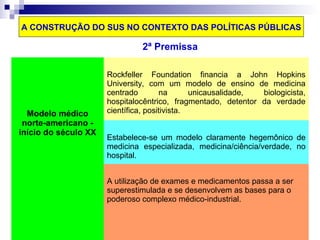 A CONSTRUÇÃO DO SUS NO CONTEXTO DAS POLÍTICAS PÚBLICAS 
2ª Premissa 
Modelo médico 
norte-americano - 
início do século XX 
Rockfeller Foundation financia a John Hopkins 
University, com um modelo de ensino de medicina 
centrado na unicausalidade, biologicista, 
hospitalocêntrico, fragmentado, detentor da verdade 
científica, positivista. 
Estabelece-se um modelo claramente hegemônico de 
medicina especializada, medicina/ciência/verdade, no 
hospital. 
A utilização de exames e medicamentos passa a ser 
superestimulada e se desenvolvem as bases para o 
poderoso complexo médico-industrial. 
 