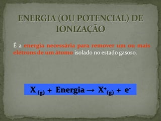 É a energia necessária para remover um ou mais
elétrons de um átomo isolado no estado gasoso.
X (g) + Energia → X+
(g) + e-
 