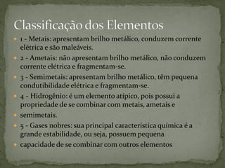  1 - Metais: apresentam brilho metálico, conduzem corrente
elétrica e são maleáveis.
 2 - Ametais: não apresentam brilho metálico, não conduzem
corrente elétrica e fragmentam-se.
 3 - Semimetais: apresentam brilho metálico, têm pequena
condutibilidade elétrica e fragmentam-se.
 4 - Hidrogênio: é um elemento atípico, pois possui a
propriedade de se combinar com metais, ametais e
 semimetais.
 5 - Gases nobres: sua principal característica química é a
grande estabilidade, ou seja, possuem pequena
 capacidade de se combinar com outros elementos.
 