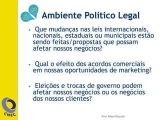 Ambiente Político Legal
•  Que mudanças nas leis internacionais,
nacionais, estaduais ou municipais estão
sendo feitas/propostas que possam
afetar nossos negócios?
•  Qual o efeito dos acordos comerciais
em nossas oportunidades de marketing?
•  Eleições e trocas de governo podem
afetar nossos negócios ou os negócios
dos nossos clientes?
Prof. Késia Rozzett
 