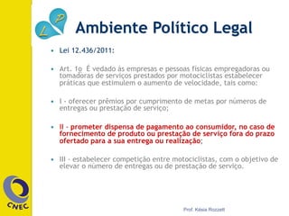 Ambiente Político Legal
—  Lei 12.436/2011:
—  Art. 1o  É vedado às empresas e pessoas físicas empregadoras ou
tomadoras de serviços prestados por motociclistas estabelecer
práticas que estimulem o aumento de velocidade, tais como: 
—  I - oferecer prêmios por cumprimento de metas por números de
entregas ou prestação de serviço; 
—  II - prometer dispensa de pagamento ao consumidor, no caso de
fornecimento de produto ou prestação de serviço fora do prazo
ofertado para a sua entrega ou realização; 
—  III - estabelecer competição entre motociclistas, com o objetivo de
elevar o número de entregas ou de prestação de serviço. 
Prof. Késia Rozzett
 