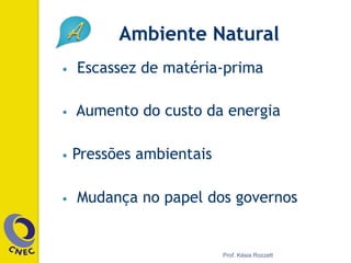Ambiente Natural
•  Escassez de matéria-prima
•  Aumento do custo da energia
•  Pressões ambientais
•  Mudança no papel dos governos
Prof. Késia Rozzett
 