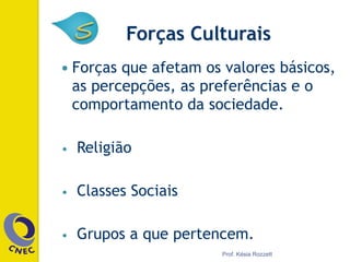 Forças Culturais
—  Forças que afetam os valores básicos,
as percepções, as preferências e o
comportamento da sociedade.
•  Religião
•  Classes Sociais
•  Grupos a que pertencem.
Prof. Késia Rozzett
 