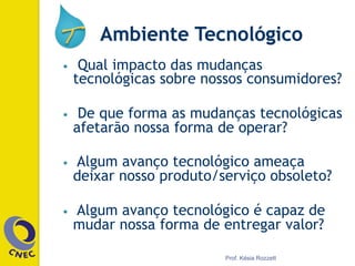Ambiente Tecnológico
•  Qual impacto das mudanças
tecnológicas sobre nossos consumidores?
•  De que forma as mudanças tecnológicas
afetarão nossa forma de operar?
•  Algum avanço tecnológico ameaça
deixar nosso produto/serviço obsoleto?
•  Algum avanço tecnológico é capaz de
mudar nossa forma de entregar valor?
Prof. Késia Rozzett
 
