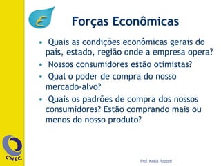 Forças Econômicas
—  Quais as condições econômicas gerais do
país, estado, região onde a empresa opera?
—  Nossos consumidores estão otimistas?
—  Qual o poder de compra do nosso
mercado-alvo?
—  Quais os padrões de compra dos nossos
consumidores? Estão comprando mais ou
menos do nosso produto?
Prof. Késia Rozzett
 