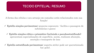 A forma das células e seu arranjo em camadas estão relacionados com sua
função:
 Epitélio simples pavimentoso: pequena espessura - facilita a passagem de
substâncias e gases;
 Epitélio simples cúbico e prismático (incluindo o pseudoestratificado):
apresentam especializações de superfície, assim, realizam absorção,
secreção e transporte de íons
 Epitélio estratificado pavimentoso: suporta atrito; pode ser queratinizado
(ex: pele).
TECIDO EPITELIAL: RESUMO
 