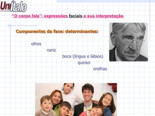 “ O corpo fala”: expressões  faciais  e sua interpretação . Componentes da face: determinantes:   olhos nariz boca (língua e lábios) queixo orelhas 