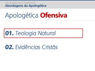 Apologética Ofensiva
Curso Apologética: Aula 2 - Teologia Natural
Abordagens da Apologética
01. Teologia Natural
02. Evidências Cristãs
 