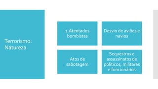 1.Atentados
bombistas
Desvio de aviões e
navios
Atos de
sabotagem
Sequestros e
assassinatos de
políticos, militares
e funcionários
Terrorismo:
Natureza
 