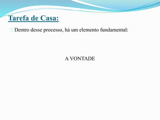 Tarefa de Casa:
Dentro desse processo, há um elemento fundamental:
A VONTADE
 
