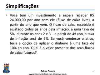 Felipe Pontes
www.contabilidademq.blogspot.com
Simplificações
• Você tem um investimento e espera receber R$
24.000,00 por ano com ele (fluxo de caixa livre), a
partir do ano que vem. O fluxo de caixa recebido é
ajustado todos os anos pela inflação, à uma taxa de
5%, durante os anos 2 e 3 – a partir do 4º ano, a taxa
de inflação será de 6%. Se você vendesse o ativo,
teria a opção de aplicar o dinheiro à uma taxa de
10% ao ano. Qual é o valor presente dos seus fluxos
de caixa futuros?
21
 