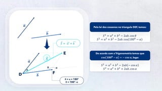 14
𝒂
𝒃
𝑺
𝒂
𝒃
α
θ α
D
E
F
𝑆 = 𝑎 + 𝑏
θ + α = 180º
θ = 180º -α
𝑆2 = 𝑎2 + 𝑏2 − 2𝑎𝑏. cos 𝜃
𝑆2 = 𝑎2 + 𝑏2 − 2𝑎𝑏. cos 1800 − 𝛼
Pela lei dos cossenos no triangulo DEF, temos:
𝑆2
= 𝑎2
+ 𝑏2
− 2𝑎𝑏 − cos 𝛼
𝑆2
= 𝑎2
+ 𝑏2
+ 2𝑎𝑏. cos 𝛼
De acordo com a Trigonometria temos que
𝒄𝒐𝒔 𝟏𝟖𝟎𝟎
− 𝜶 = − 𝒄𝒐𝒔 𝜶, logo:
 