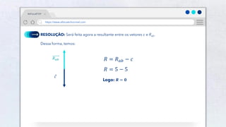 25
RESOLUÇÃO: Será feita agora a resultante entre os vetores c e Rab.
Dessa forma, temos:
Logo: 𝑹 = 𝟎
𝑅𝑎𝑏
𝑐
𝑅 = 𝑅𝑎𝑏 − 𝑐
𝑅 = 5 − 5
#AFísicaÉTOP
https://www.afísicaéchocrivel.com
 