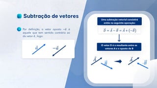 26
𝐷 = 𝐴 − 𝐵 = 𝐴 + −𝐵
Por definição, o vetor oposto −𝑎 é
aquele que tem sentido contrário ao
do vetor 𝑎 , logo:
Uma subtração vetorial consistirá
então na seguinte operação:
𝑎 −𝑎
O vetor D é o resultante entre os
vetores A e o oposto de B
𝐴
𝐵
𝐴
-𝐵
 