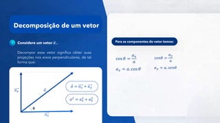 31
Decomposição de um vetor
cos 𝜃 =
𝑎𝑥
𝑎
𝑎𝑥 = 𝑎. cos 𝜃
𝑠𝑒𝑛𝜃 =
𝑎𝑦
𝑎
𝑎𝑦 = 𝑎. 𝑠𝑒𝑛𝜃
Considere um vetor 𝒂 .
Decompor esse vetor significa obter suas
projeções nos eixos perpendiculares, de tal
forma que:
𝑎
𝑎𝑦
𝑎𝑥
θ
𝑎 = 𝑎𝑥 + 𝑎𝑦
𝑎2
= 𝑎𝑥
2
+ 𝑎𝑦
2
Para as componentes do vetor temos:
 
