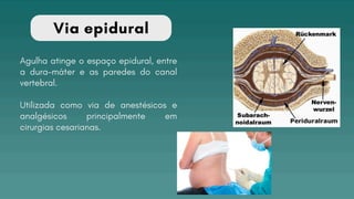Via epidural
Agulha atinge o espaço epidural, entre
a dura-máter e as paredes do canal
vertebral.
Utilizada como via de anestésicos e
analgésicos principalmente em
cirurgias cesarianas.
 