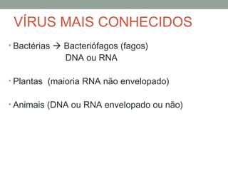VÍRUS MAIS CONHECIDOS
• Bactérias  Bacteriófagos (fagos)
DNA ou RNA
• Plantas (maioria RNA não envelopado)
• Animais (DNA ou RNA envelopado ou não)
 