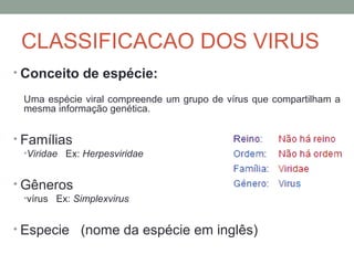 CLASSIFICACAO DOS VIRUS
• Conceito de espécie:
Uma espécie viral compreende um grupo de vírus que compartilham a
mesma informação genética.
• Famílias
•Viridae Ex: Herpesviridae
• Gêneros
•vírus Ex: Simplexvirus
• Especie (nome da espécie em inglês)
 