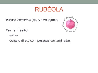 Vírus: Rubivirus (RNA envelopado)
Transmissão:
saliva
contato direto com pessoas contaminadas
RUBÉOLA
 