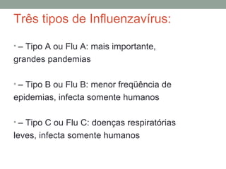 Três tipos de Influenzavírus:
• – Tipo A ou Flu A: mais importante,
grandes pandemias
• – Tipo B ou Flu B: menor freqüência de
epidemias, infecta somente humanos
• – Tipo C ou Flu C: doenças respiratórias
leves, infecta somente humanos
 