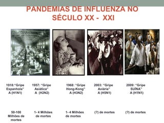 PANDEMIAS DE INFLUENZA NO
SÉCULO XX - XXI
1918:“Gripe
Espanhola”
A (H1N1)
1957: “Gripe
Asiática”
A (H2N2)
1968: “Gripe
Hong-Kong”
A (H3N2)
2009: “Gripe
SUÍNA”
A (H1N1)
50-100
Milhões de
mortes
1- 4 Milhões
de mortes
(?) de mortes1- 4 Milhões
de mortes
         
         
2003: “Gripe
Aviária”
A (H5N1)
(?) de mortes
 