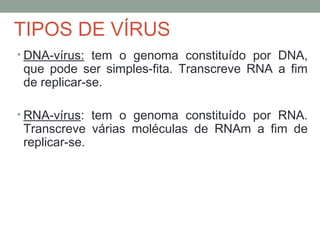 TIPOS DE VÍRUS
• DNA-vírus: tem o genoma constituído por DNA,
que pode ser simples-fita. Transcreve RNA a fim
de replicar-se.
• RNA-vírus: tem o genoma constituído por RNA.
Transcreve várias moléculas de RNAm a fim de
replicar-se.
 