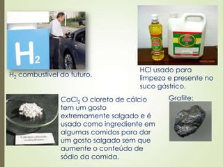 CaCl2 O cloreto de cálcio
tem um gosto
extremamente salgado e é
usado como ingrediente em
algumas comidas para dar
um gosto salgado sem que
aumente o conteúdo de
sódio da comida.
HCl usado para
limpeza e presente no
suco gástrico.
Grafite:
H2 combustível do futuro.
 
