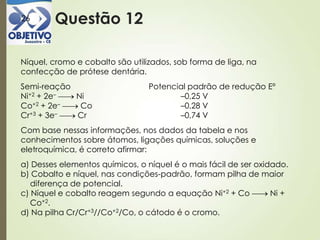 Questão 1226
Níquel, cromo e cobalto são utilizados, sob forma de liga, na
confecção de prótese dentária.
Semi-reação Potencial padrão de redução Eº
Ni+2 + 2e– Ni –0,25 V
Co+2 + 2e– Co –0,28 V
Cr+3 + 3e– Cr –0,74 V
Com base nessas informações, nos dados da tabela e nos
conhecimentos sobre átomos, ligações químicas, soluções e
eletroquímica, é correto afirmar:
a) Desses elementos químicos, o níquel é o mais fácil de ser oxidado.
b) Cobalto e níquel, nas condições-padrão, formam pilha de maior
diferença de potencial.
c) Níquel e cobalto reagem segundo a equação Ni+2 + Co Ni +
Co+2.
d) Na pilha Cr/Cr+3//Co+2/Co, o cátodo é o cromo.
 