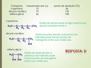 Composto massamolecular (u) ponto de ebulição (ºC)
n-pentano 72 36
álcool n-butílico 74 118
etileno glicol 62 198
n-pentano
álcool n-butílico
etileno glicol
Molécula apolar pode se ligar apenas por
dipolos induzidos entre si.
Molécula polar devido a presença da
hidroxila pode formar pontes de
hidrogênio entre suas moléculas.
Molécula polar devido a
presença da hidroxila pode
formar pontes de hidrogênio
entre suas moléculas.
 