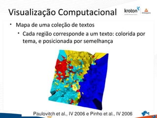 Visualização Computacional

Mapa de uma coleção de textos

Cada região corresponde a um texto: colorida por
tema, e posicionada por semelhança
 