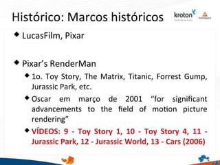 Histórico: Marcos históricos
 LucasFilm, Pixar
 Pixar’s RenderMan
 1o. Toy Story, The Matrix, Titanic, Forrest Gump,
Jurassic Park, etc.
 Oscar em março de 2001 “for signifcant
advancements to the feld of moton picture
rendering”
 VÍDEOS: 9 - Toy Story 1, 10 - Toy Story 4, 11 -
Jurassic Park, 12 - Jurassic World, 13 - Cars (2006)
 