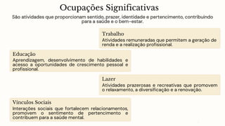 Ocupações Significativas
São atividades que proporcionam sentido, prazer, identidade e pertencimento, contribuindo
para a saúde e o bem-estar.
Trabalho
Atividades remuneradas que permitem a geração de
renda e a realização profissional.
Educação
Aprendizagem, desenvolvimento de habilidades e
acesso a oportunidades de crescimento pessoal e
profissional.
Lazer
Atividades prazerosas e recreativas que promovem
o relaxamento, a diversificação e a renovação.
Vínculos Sociais
Interações sociais que fortalecem relacionamentos,
promovem o sentimento de pertencimento e
contribuem para a saúde mental.
 