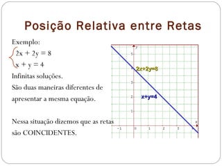 Posição Relativa entre Retas
Exemplo:
 2x + 2y = 8
 x+y=4                                2x+2y=8
Infinitas soluções.
São duas maneiras diferentes de
apresentar a mesma equação.            x+y=4



Nessa situação dizemos que as retas
são COINCIDENTES.
 