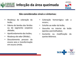 Infecção da área queimada
São considerados sinais e sintomas:
• Mudança da coloração da
lesão;
• Edema de bordas das feridas
ou do segmento corpóreo
afetado;
• Aprofundamento das lesões;
• Mudança do odor (fétido) ;
• Descolamento precoce da
escara seca e transformação
em escara úmida.
• Coloração hemorrágica sob a
escara ;
• Celulite ao redor da lesão;
• Vasculite no interior da lesão
(pontos avermelhados);
• Aumento ou modificação da
queixa dolorosa.
 