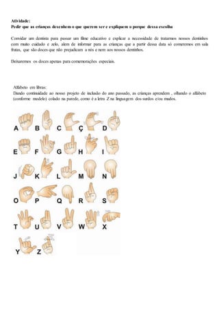 Atividade:
Pedir que as crianças desenhem o que querem ser e expliquem o porque dessa escolha
Convidar um dentista para passar um filme educativo e explicar a necessidade de tratarmos nossos dentinhos
com muito cuidado e zelo, alem de informar para as crianças que a partir dessa data só comeremos em sala
frutas, que são doces que não prejudicam a nós e nem aos nossos dentinhos.
Deixaremos os doces apenas para comemorações especiais.
Alfabeto em libras:
Dando continuidade ao nosso projeto de inclusão do ano passado, as crianças aprendem , olhando o alfabeto
(conforme modelo) colado na parede, como é a letra Z na linguagem dos surdos e/ou mudos.
 